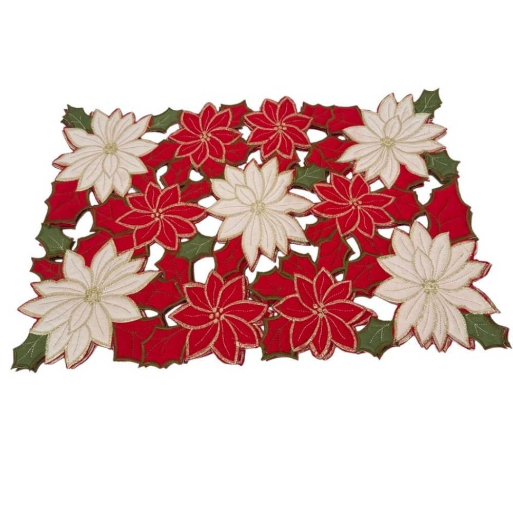 Poinsettia Placemat Set of 2 Embroidered Cutout Christmas Decor Table Runner